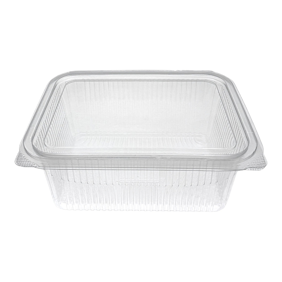 Food Packaging Direct clear rectangular hinged plastic container with a ribbed design for food display and takeaway.