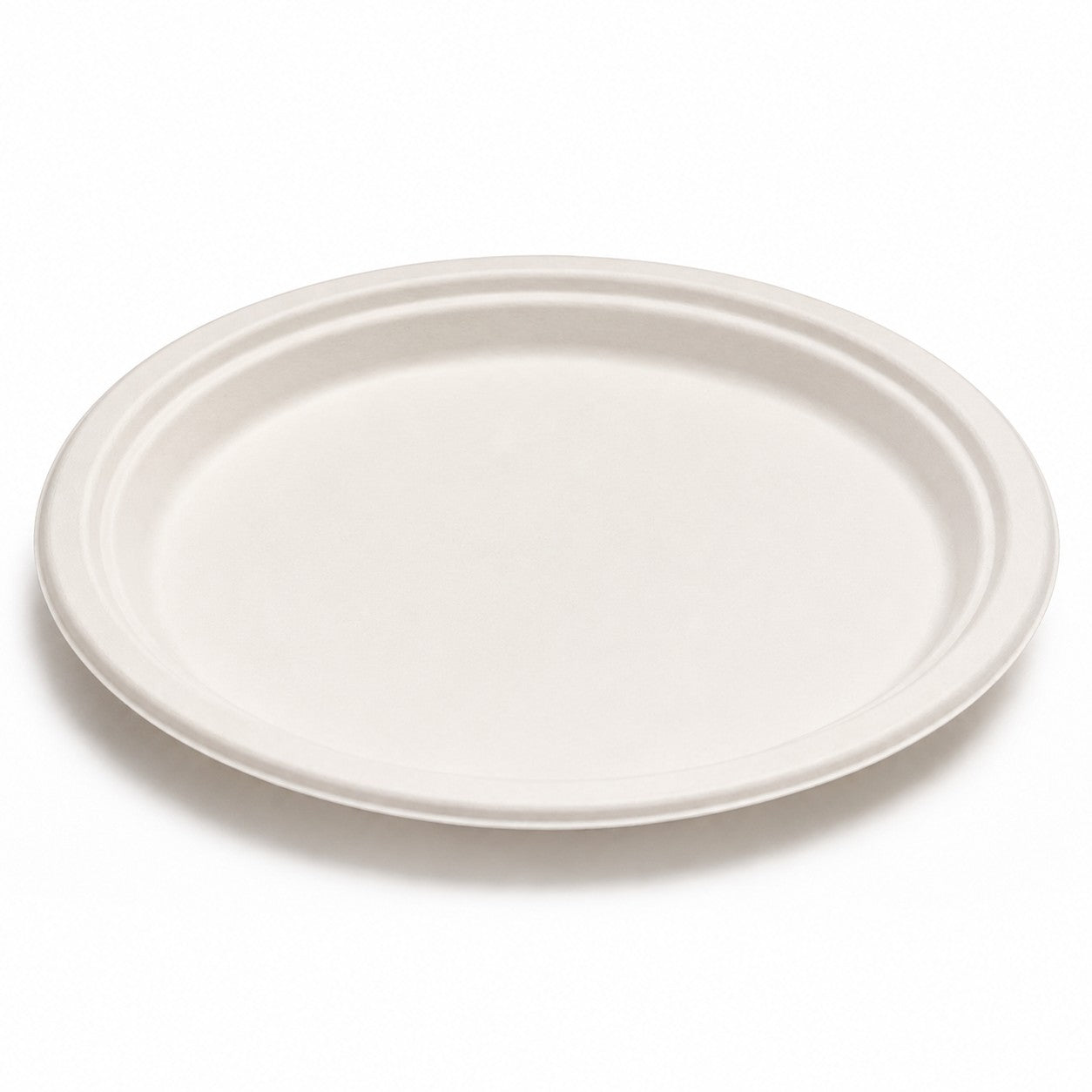 Food Packaging Direct 10-inch round compostable plate made from eco-friendly sugarcane fibre on a white background