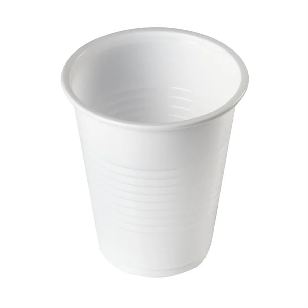 Food Packaging Direct 7oz white disposable plastic water cup with ribbed design for catering and events