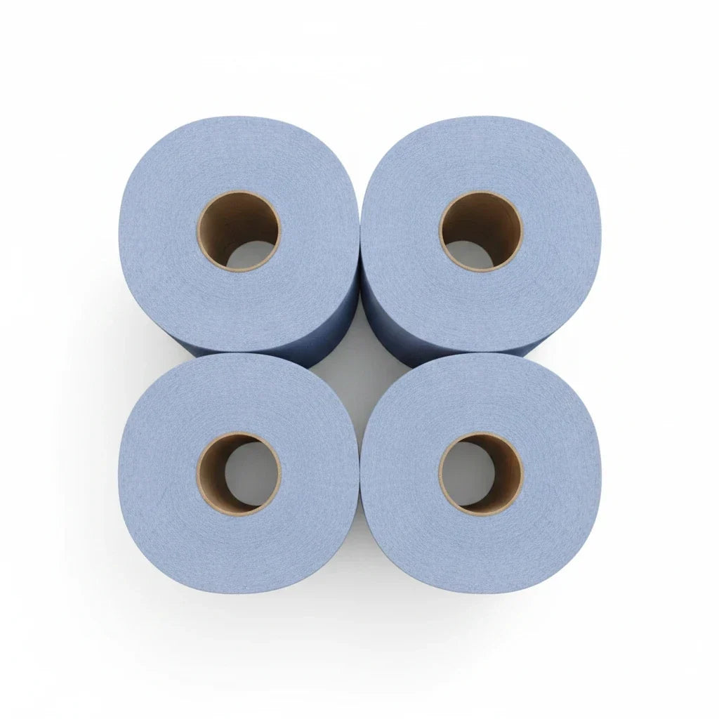 Four Food Packaging Direct blue embossed 2-ply centrefeed paper rolls for cleaning and spill absorption