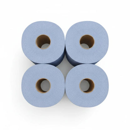 Four Food Packaging Direct blue embossed 2-ply centrefeed paper rolls for cleaning and spill absorption