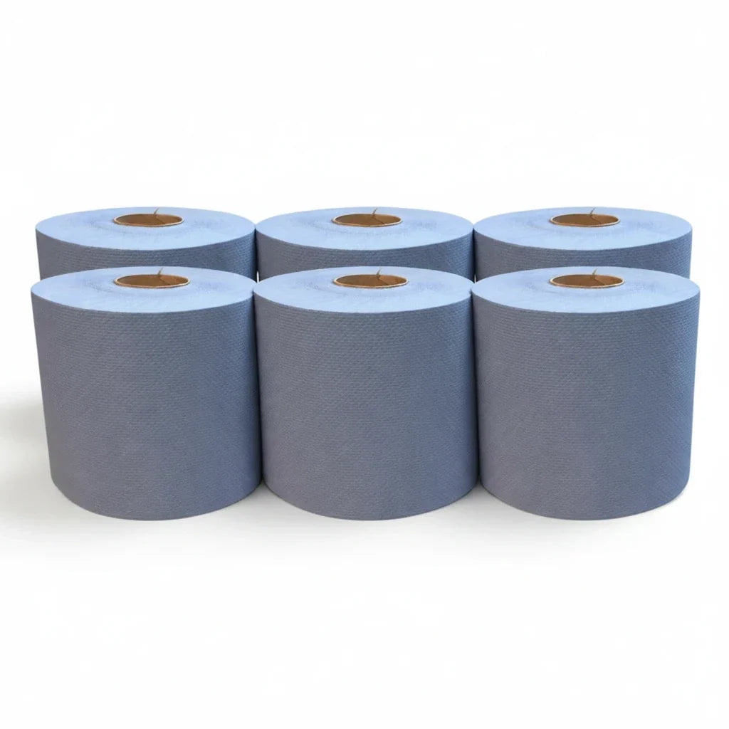 Food Packaging Direct blue embossed 2-ply centrefeed paper rolls for general cleaning and spill absorption