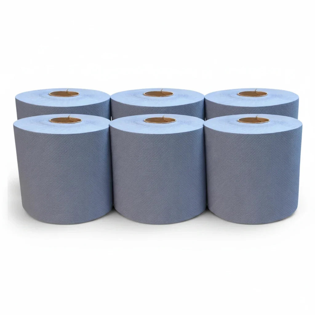 Food Packaging Direct blue embossed 2-ply centrefeed paper rolls for cleaning and wiping tasks