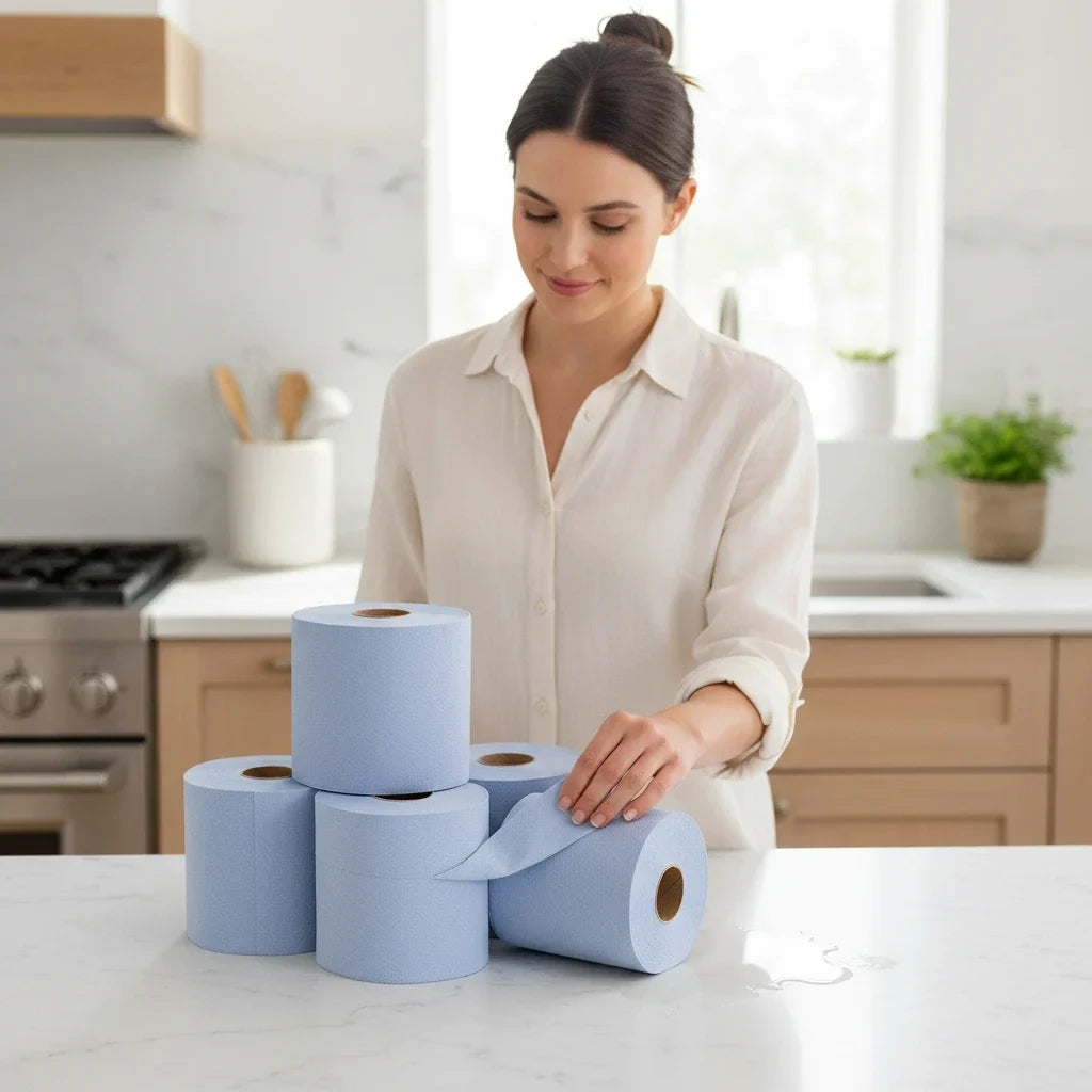 Food Packaging Direct blue 2-ply embossed centrefeed paper rolls on a kitchen counter with a woman cleaning a spill