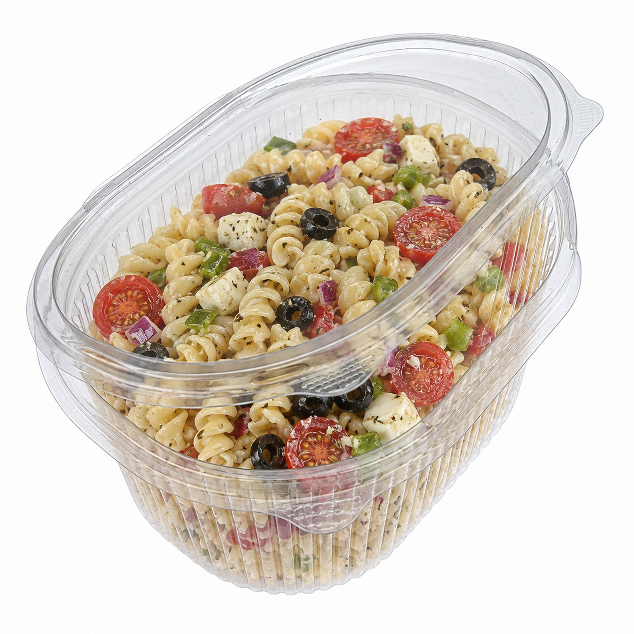 Food Packaging Direct clear hinged plastic container filled with pasta salad on a white background