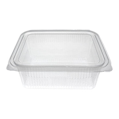 Food Packaging Direct clear rectangular hinged plastic container with a ribbed design for food display and takeaway.