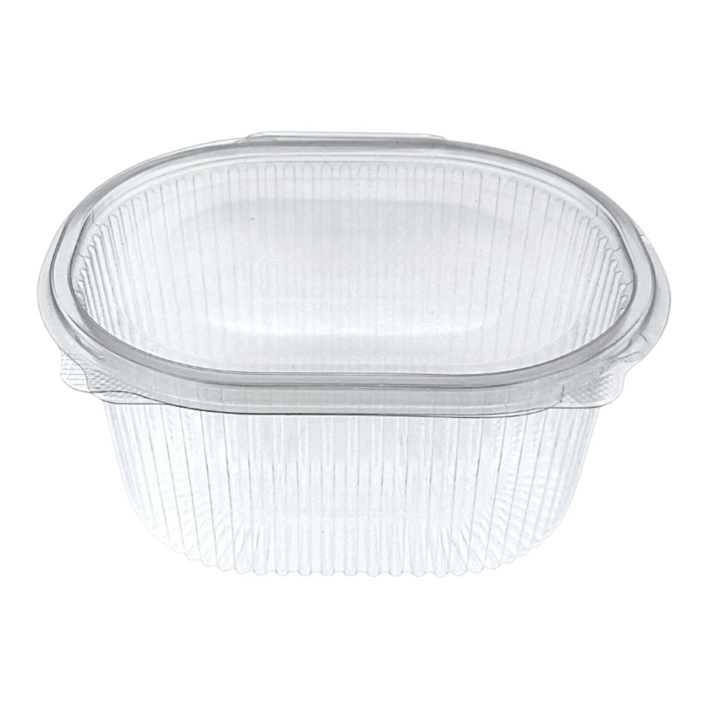 Food Packaging Direct clear plastic hinged container with a ribbed design for food display and takeaway