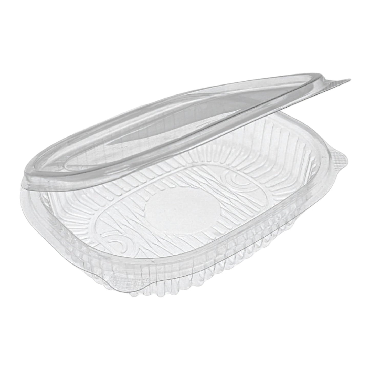 Rhino clear plastic hinged container with a ribbed design for food display and take-out