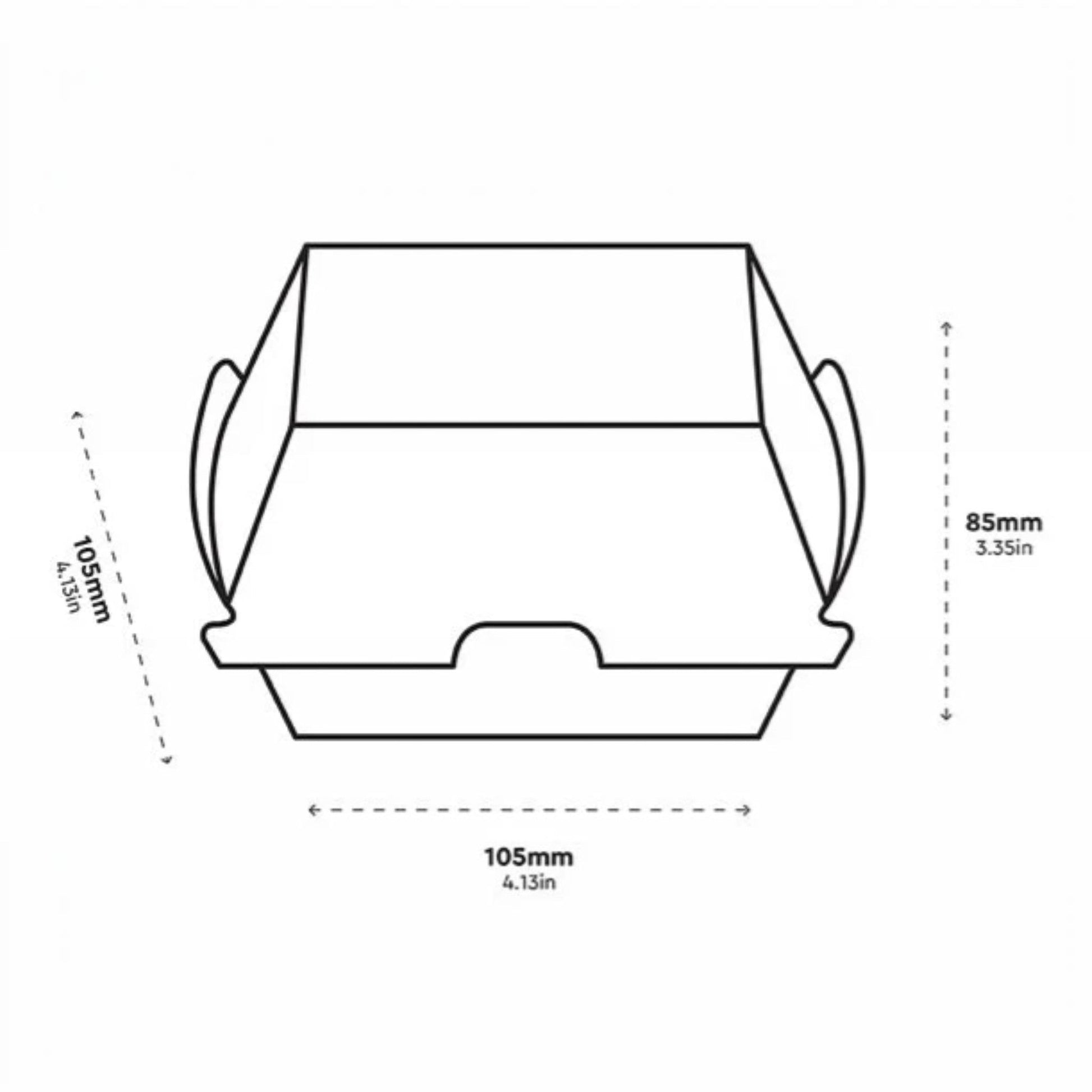 Food Packaging Direct corrugated kraft clamshell burger box with technical dimensions in millimeters and inches