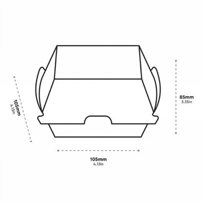 Food Packaging Direct corrugated kraft clamshell burger box with technical dimensions in millimeters and inches