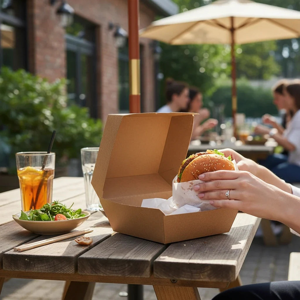 Food Packaging Direct corrugated kraft clamshell burger box on an outdoor wooden table with a burger inside