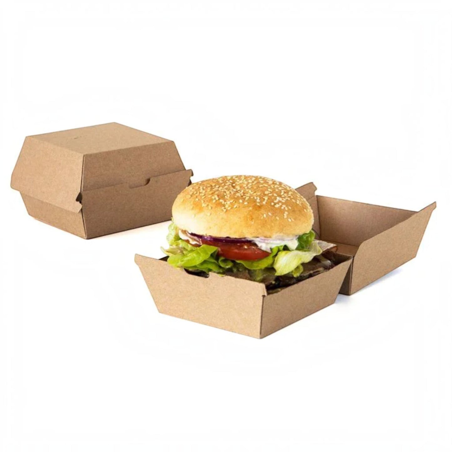 Food Packaging Direct corrugated kraft clamshell burger box containing a fresh burger with lettuce and tomato