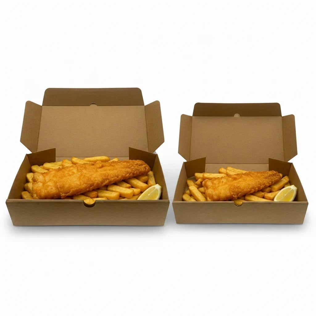 Food Packaging Direct corrugated kraft fish and chips boxes in two sizes filled with battered fish and fries.