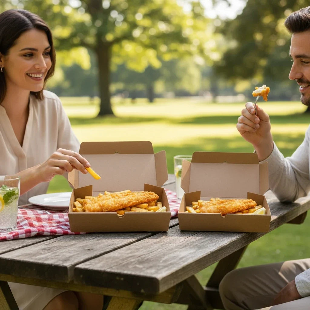 Food Packaging Direct corrugated kraft fish and chips boxes on a picnic table with a couple eating outdoors.