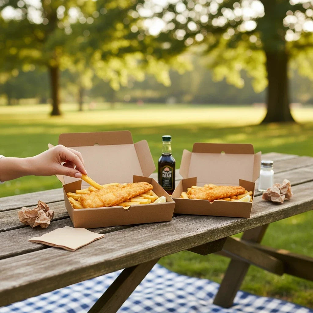 Food Packaging Direct corrugated kraft fish and chips boxes on a wooden picnic table with a hand reaching for a fry.