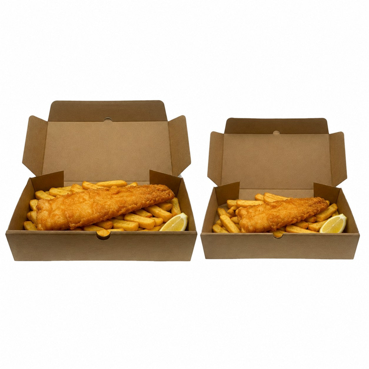 Food Packaging Direct corrugated kraft fish and chips boxes in two sizes filled with fried fish, chips, and lemon.