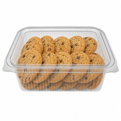Food Packaging Direct rectangular clear plastic hinged container filled with chocolate chip cookies