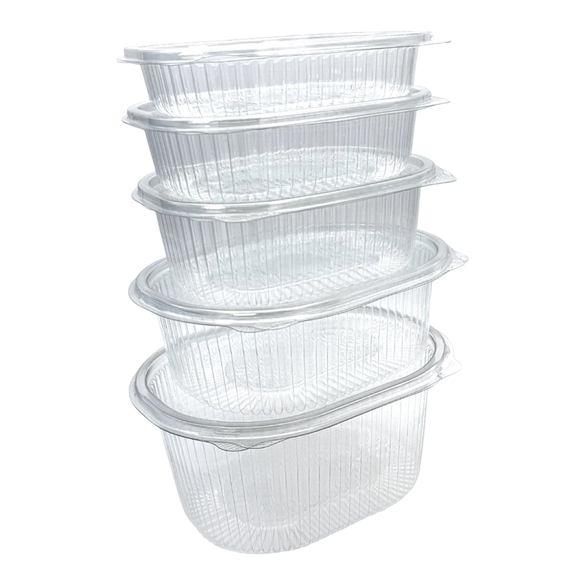Food Packaging Direct Rhino clear hinged plastic containers stacked vertically, featuring a durable ribbed design.