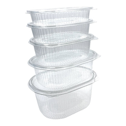 Food Packaging Direct Rhino clear hinged plastic containers stacked vertically, featuring a durable ribbed design.