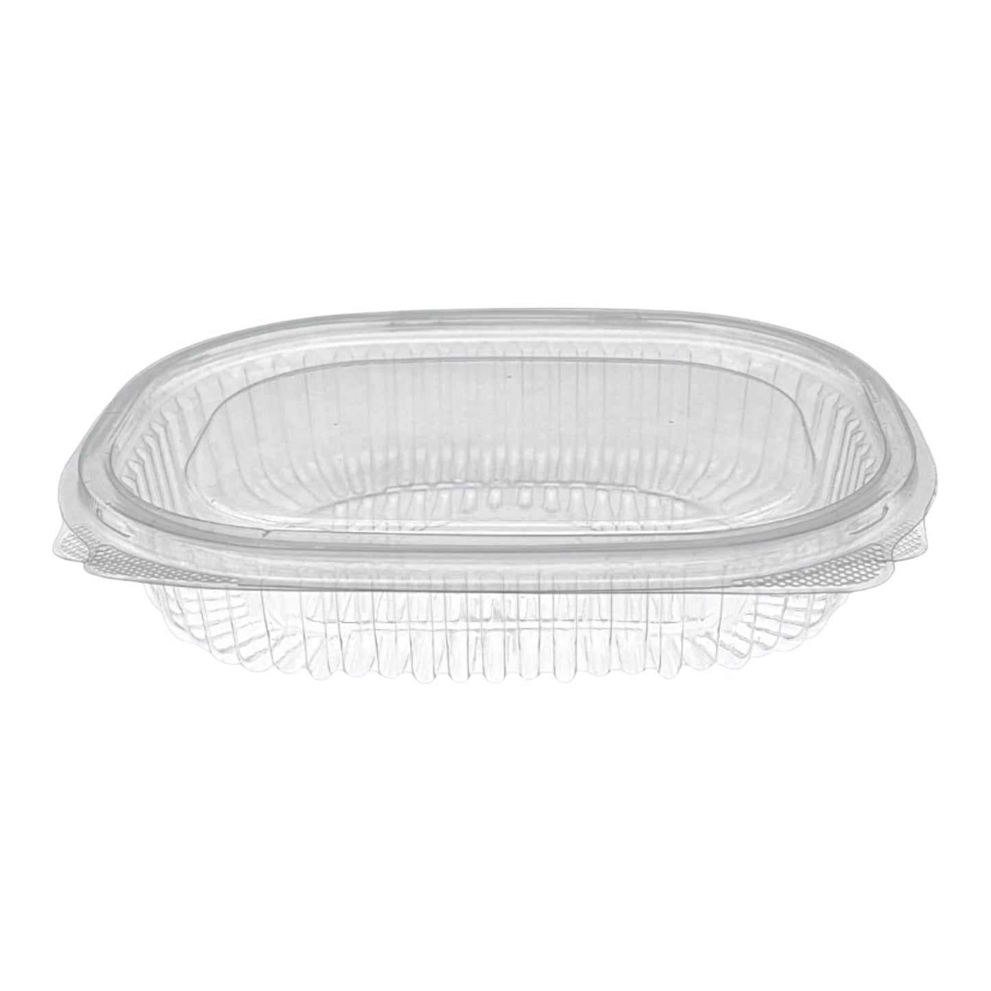 Food Packaging Direct Rhino clear hinged plastic container with a durable ribbed design for food take-out and display.
