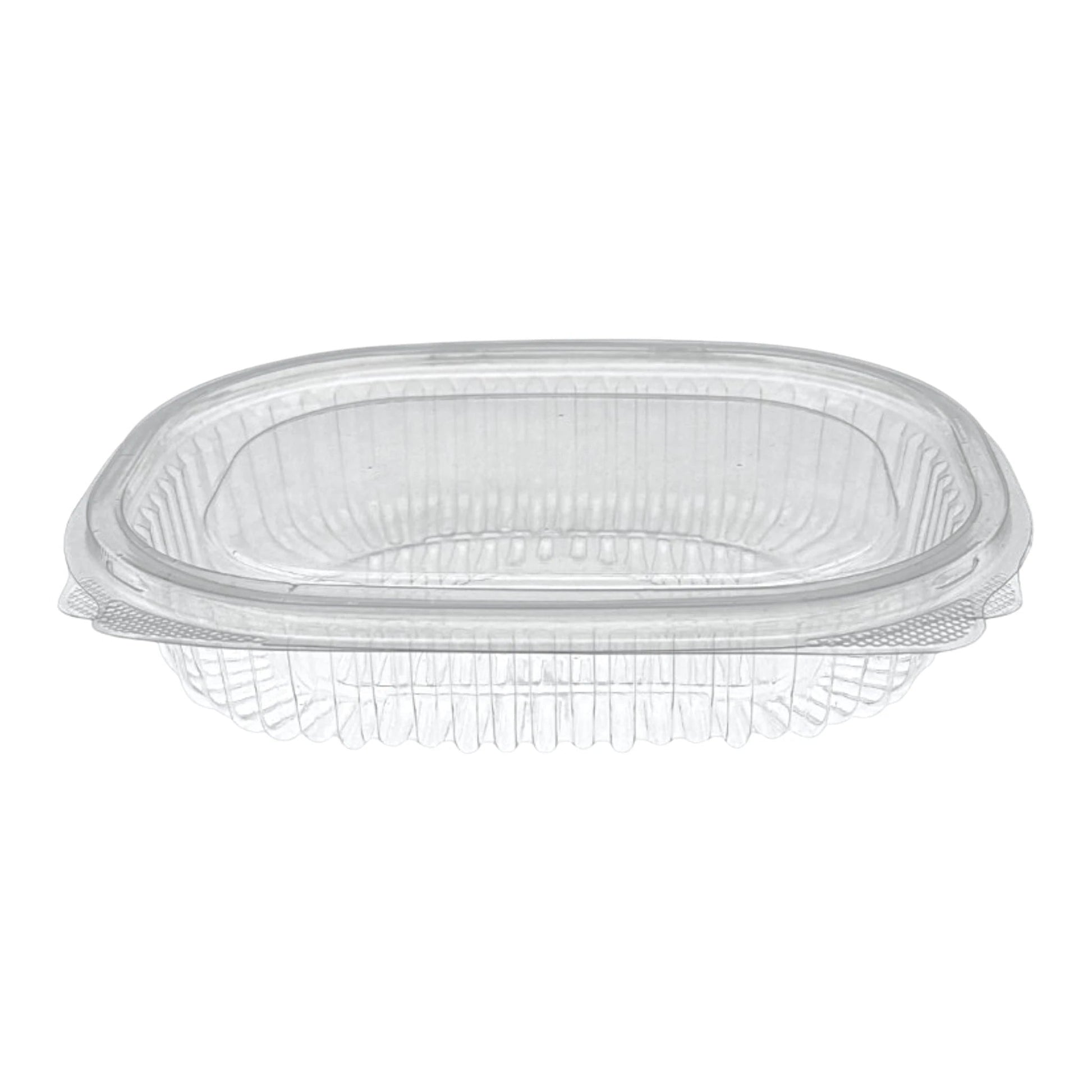 Food Packaging Direct Rhino clear hinged plastic container with a durable ribbed design for food take-out and display.