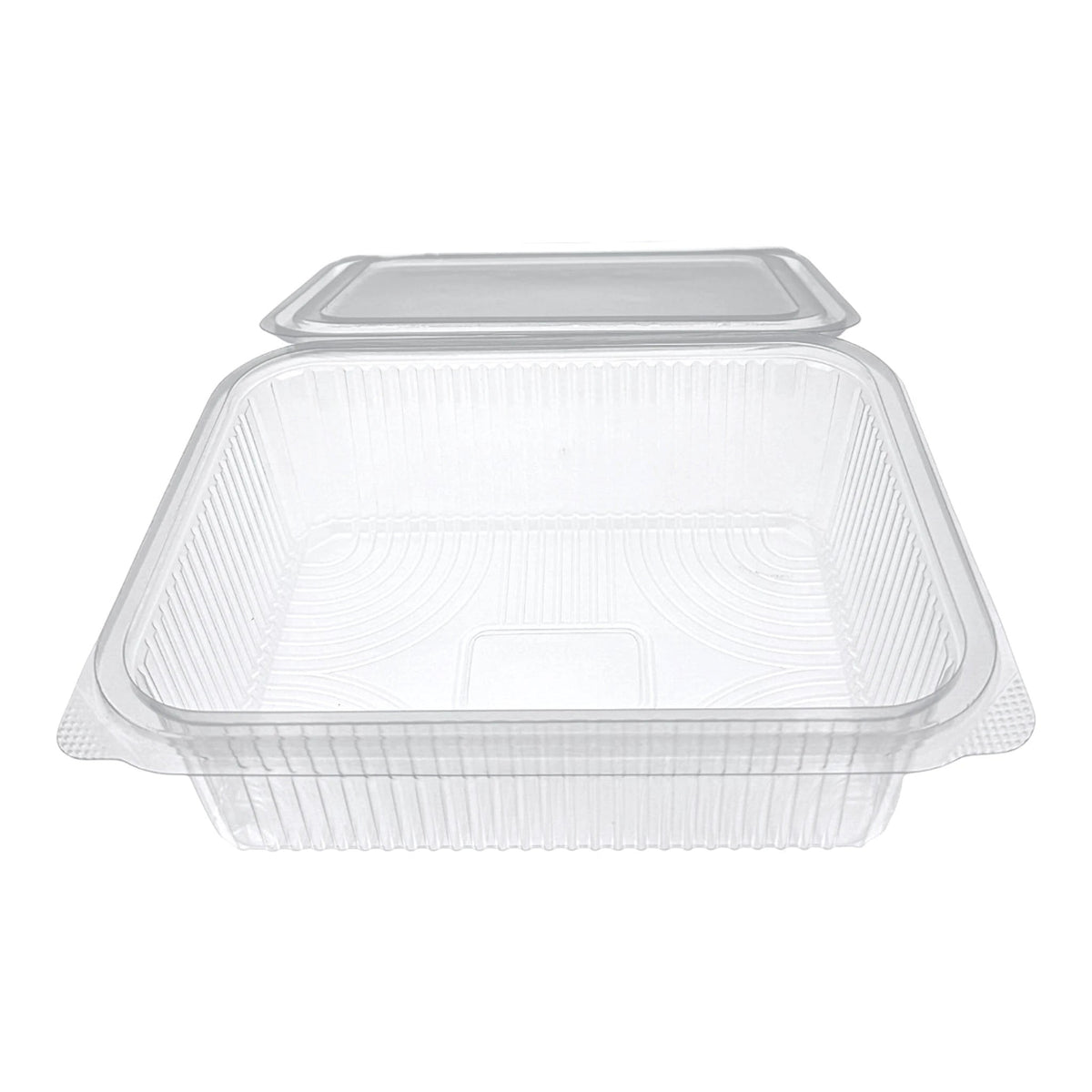 Food Packaging Direct Rhino rectangular clear plastic hinged container with a durable ribbed design for food display.