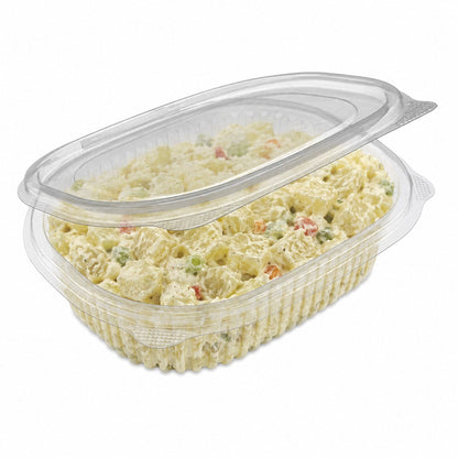 Rhino clear plastic hinged container filled with potato salad, featuring a ribbed design.