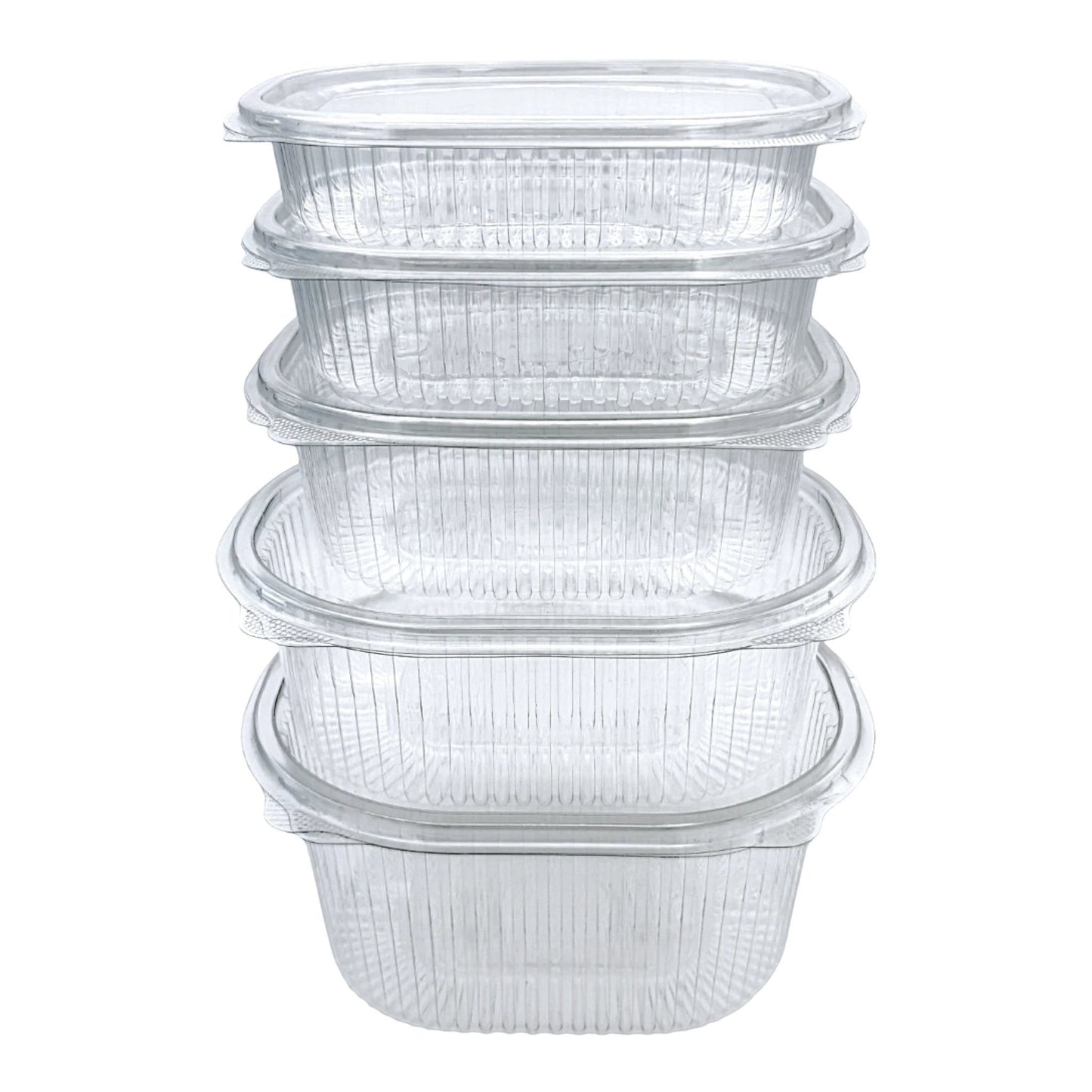Food Packaging Direct Rhino clear plastic hinged containers stacked vertically with a durable ribbed design.