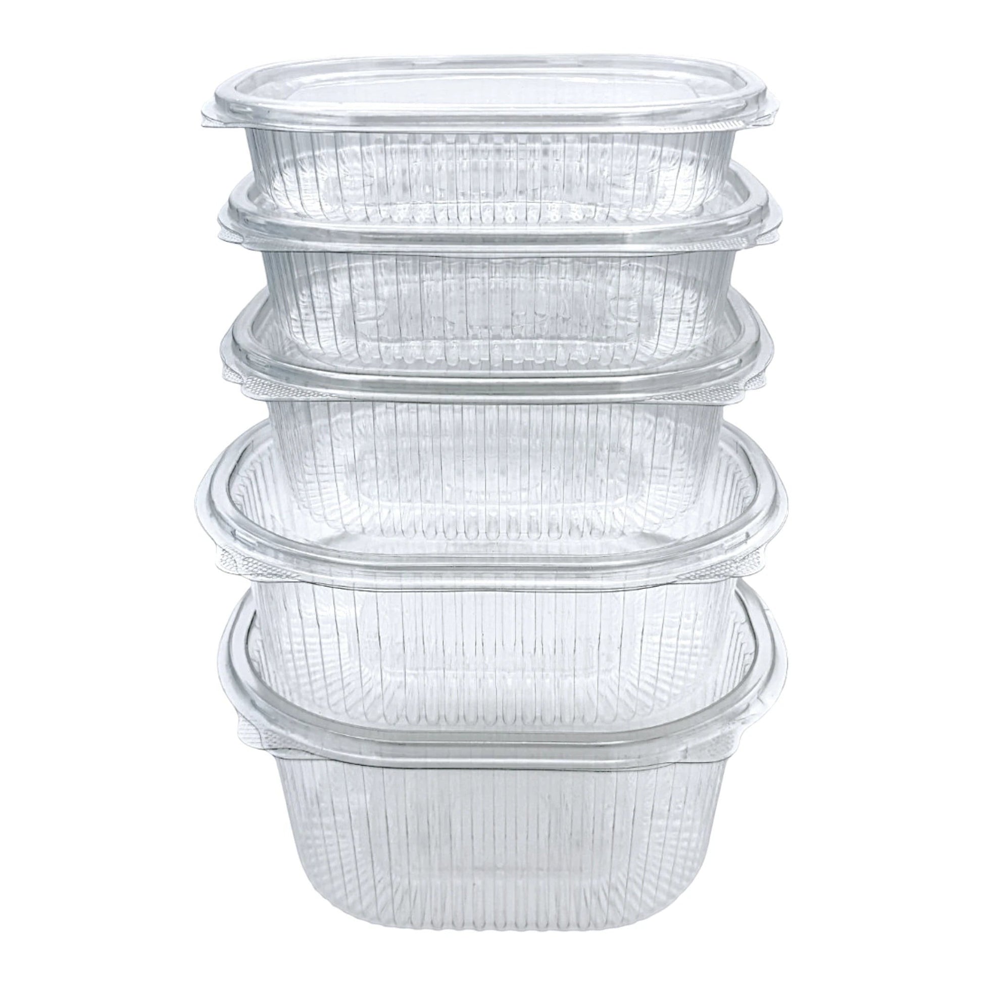 Food Packaging Direct Rhino clear plastic hinged containers stacked vertically with a durable ribbed design.