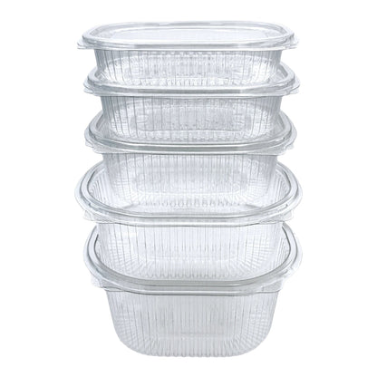 Food Packaging Direct Rhino clear plastic hinged containers stacked vertically with a durable ribbed design.