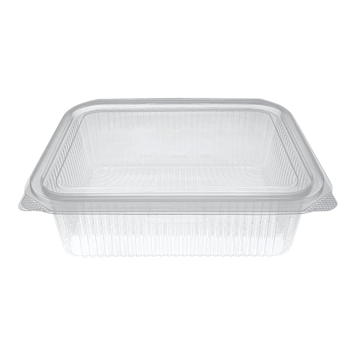 Food Packaging Direct Rhino rectangular clear plastic hinged container with a durable ribbed design for food display.