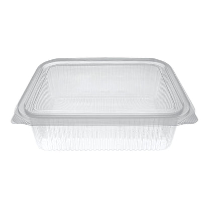 Food Packaging Direct Rhino rectangular clear plastic hinged container with a durable ribbed design for food display.