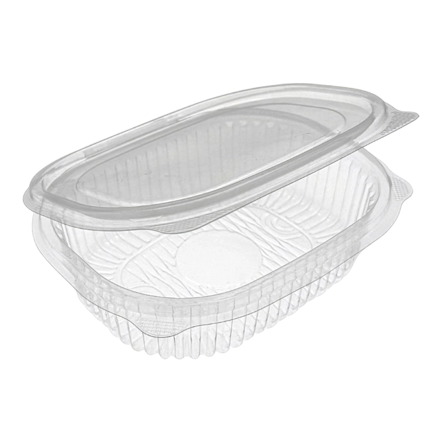 Rhino clear hinged plastic container with a ribbed design for food display and take-out.