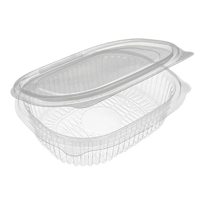 Rhino clear hinged plastic container with a ribbed design for food display and take-out.