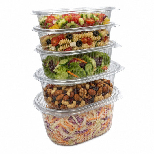 Food Packaging Direct Rhino clear hinged plastic containers stacked and filled with various fresh food salads