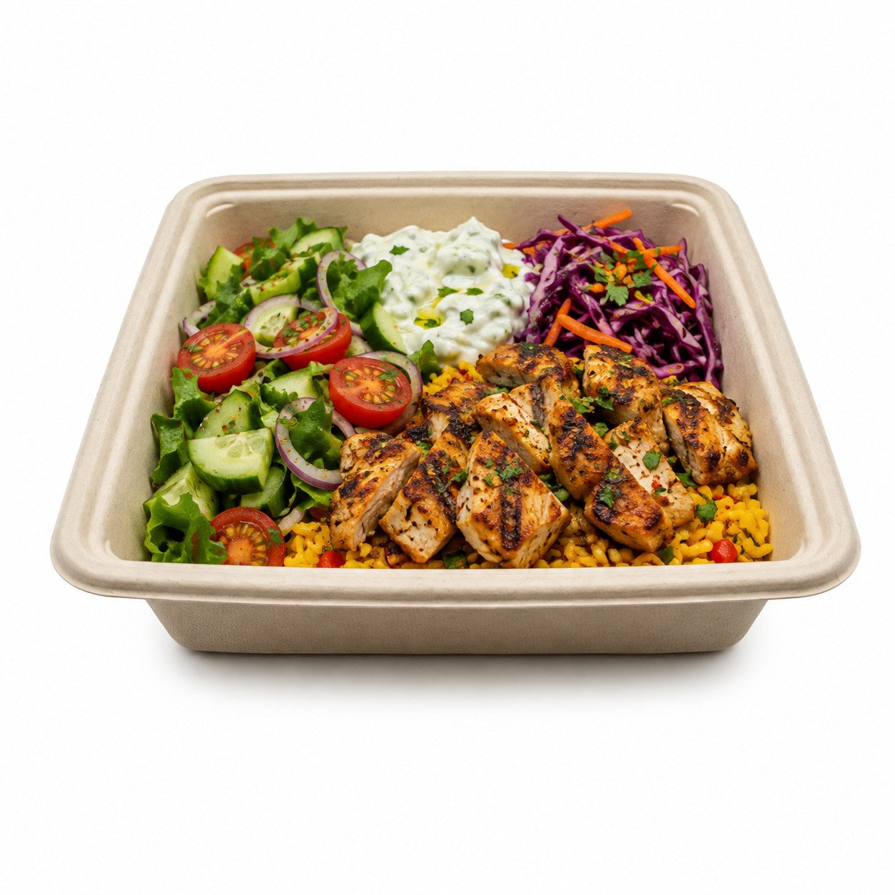 Food Packaging Direct 1200ml square sugarcane bowl filled with grilled chicken, salad, and rice on a white background.