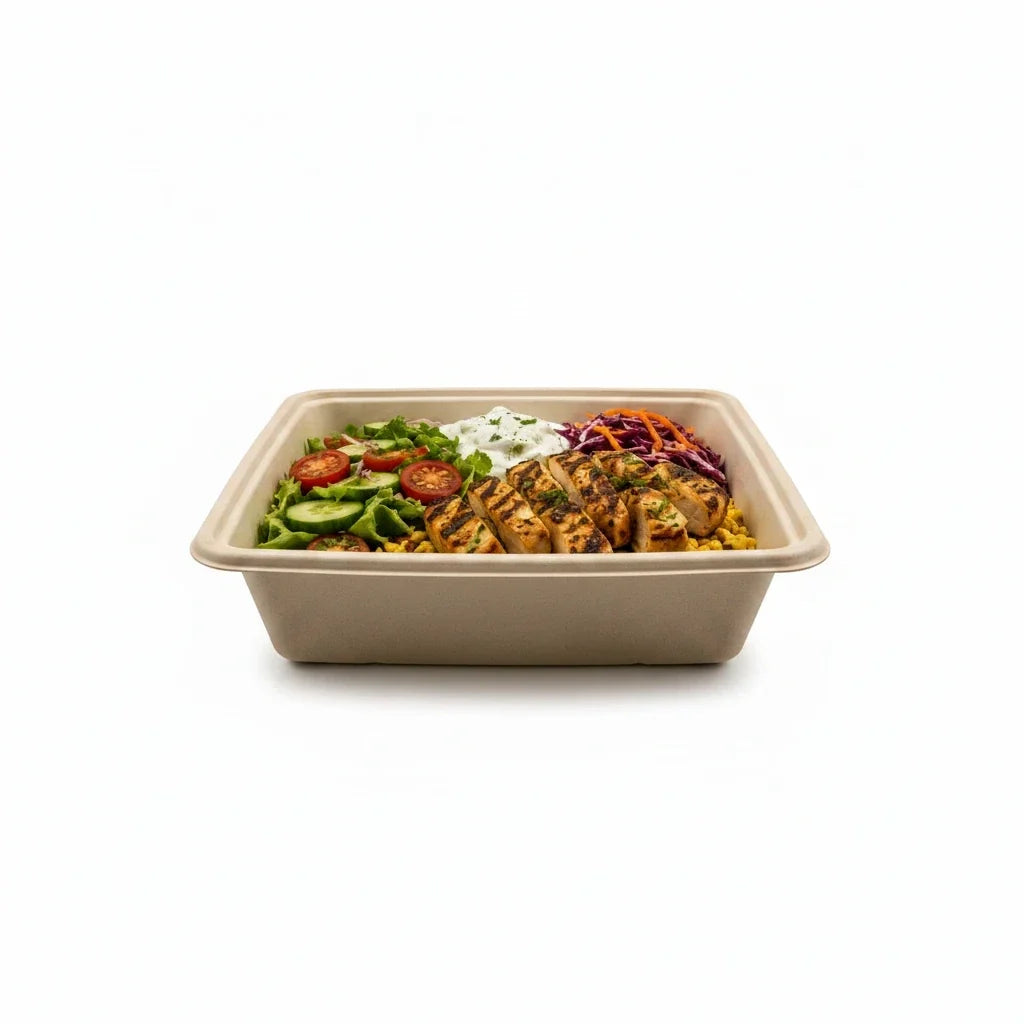Food Packaging Direct 1200ml square sugarcane bowl filled with a fresh salad featuring grilled chicken and vegetables.