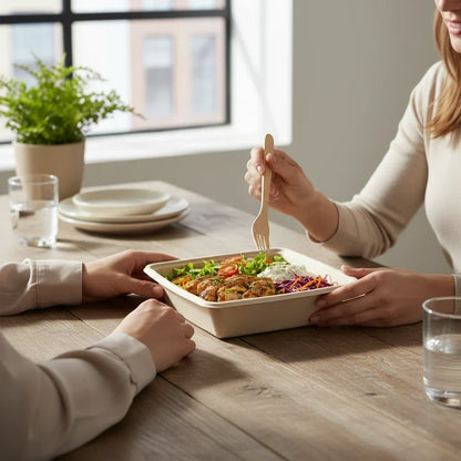 Food Packaging Direct 1200ml square sugarcane bowl filled with a fresh salad, held by a person at a wooden table.