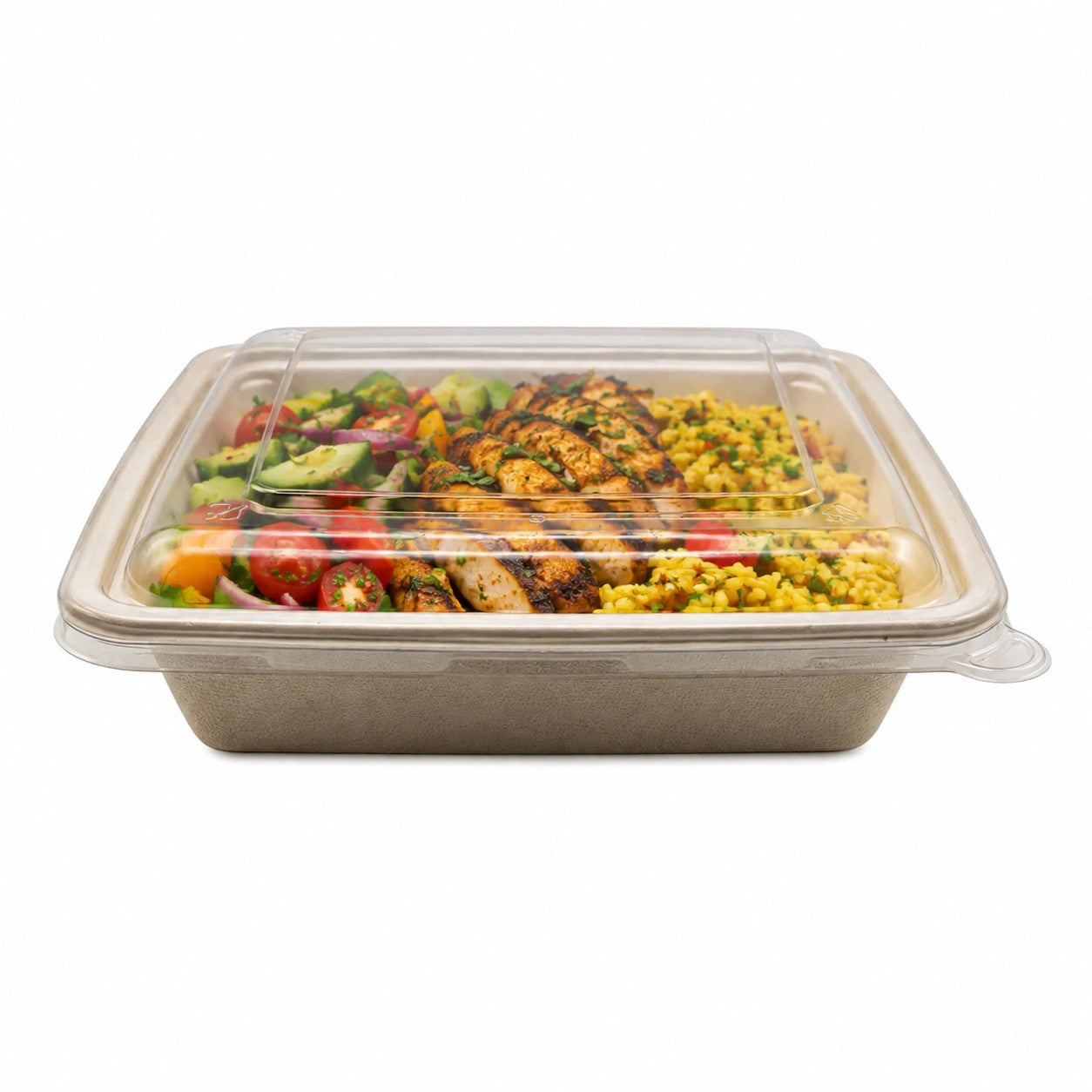 Food Packaging Direct 1200ml square sugarcane bowl with clear lid containing a fresh chicken salad meal