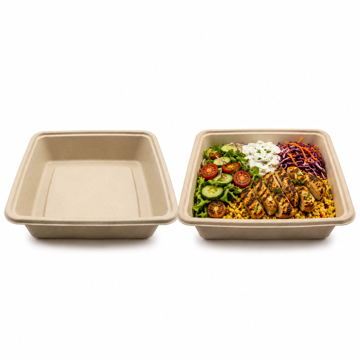 Food Packaging Direct 1200ml square sugarcane fibre bowl, one empty and one filled with a fresh chicken salad meal.