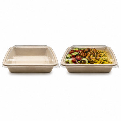 Food Packaging Direct square 1200ml sugarcane bowls with clear lids, one empty and one filled with a salad meal.