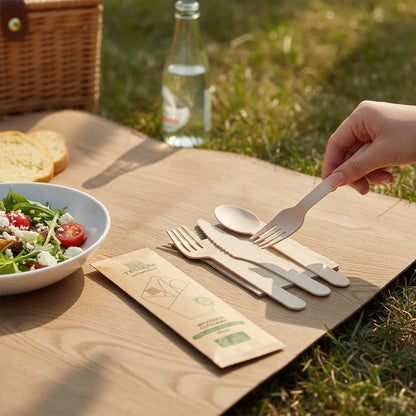 Food Packaging Direct 4-in-1 wooden cutlery set including fork, spoon, knife, and napkin on a picnic mat.