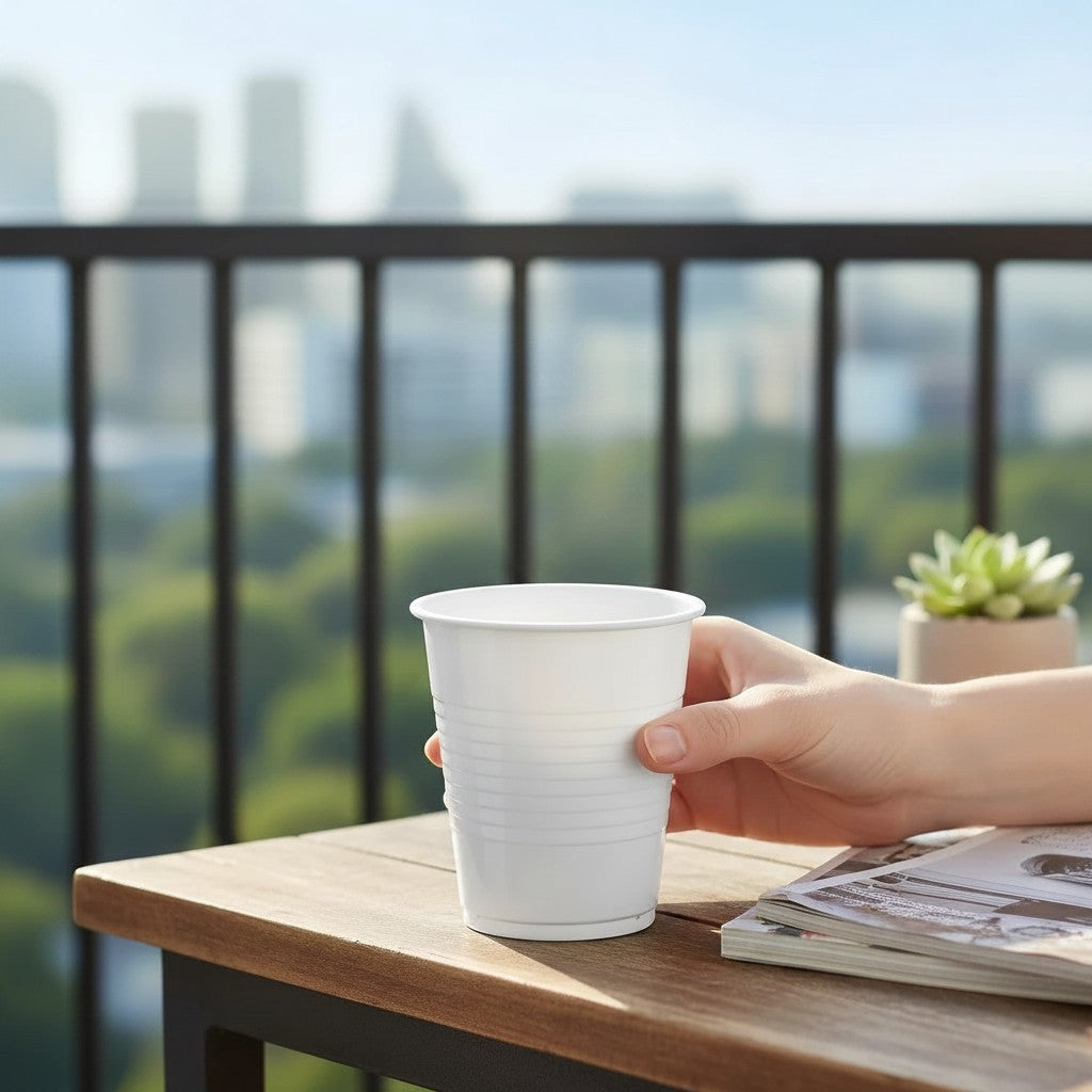 Food Packaging Direct 7oz white disposable plastic water cup held on a balcony table with a city skyline background