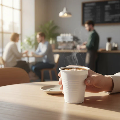 Food Packaging Direct 7oz white disposable plastic cup held in a hand with coffee inside at a cafe