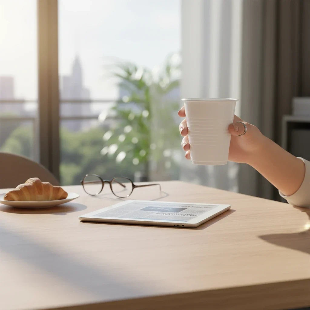 Food Packaging Direct 7oz white disposable plastic water cup held by a person at a table with a croissant and tablet