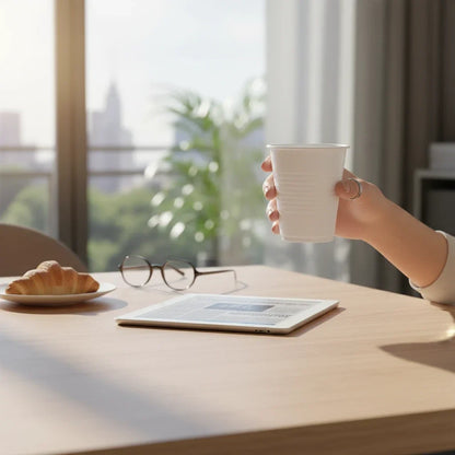 Food Packaging Direct 7oz white disposable plastic water cup held by a person at a table with a croissant and tablet