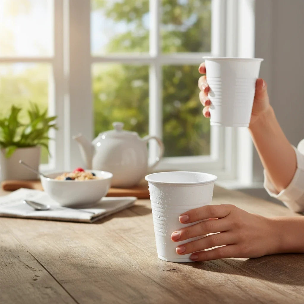Food Packaging Direct 7oz white disposable plastic water cups held in hands on a bright kitchen table