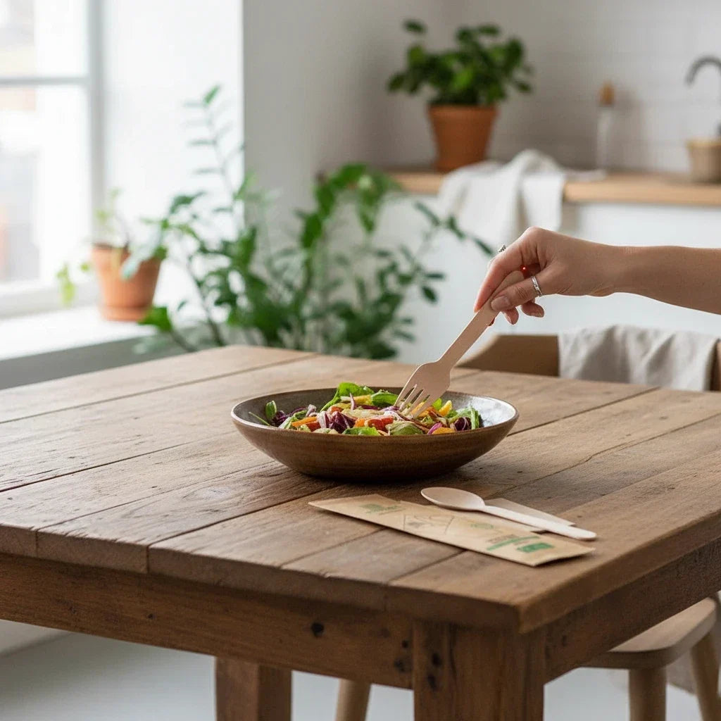 Food Packaging Direct 4-in-1 wooden cutlery set with fork, spoon, knife, and napkin for eco-friendly takeaway meals.