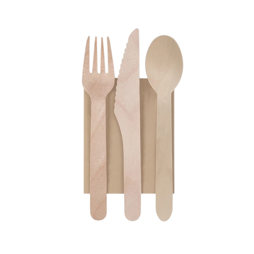 Food Packaging Direct 4-in-1 wooden cutlery set including a fork, knife, spoon, and napkin for eco-friendly takeaway.