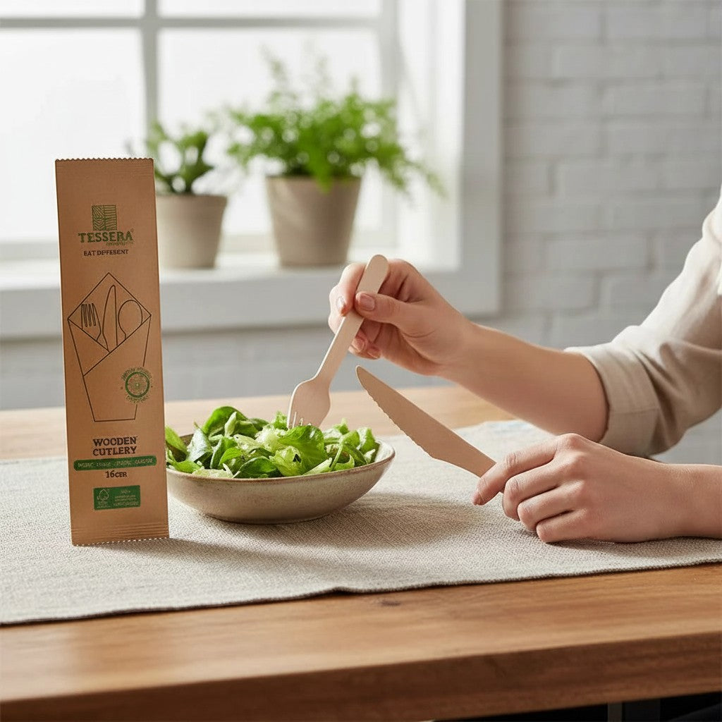 Food Packaging Direct Tessera 4-in-1 wooden cutlery set with fork, knife, spoon, and napkin beside a salad bowl.